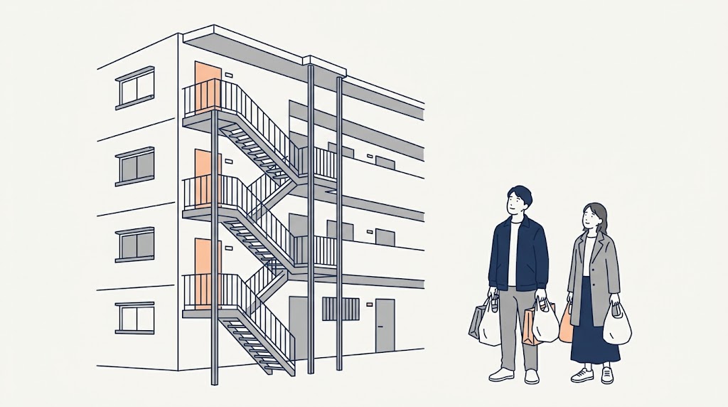 4階建てマンションの外階段を、買い物袋を持って見上げる夫婦のイラスト