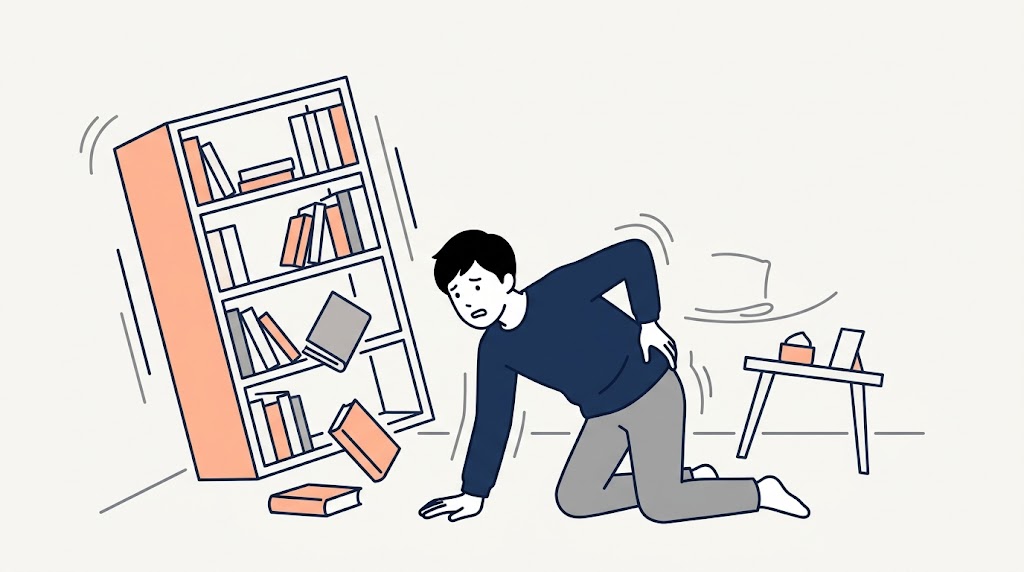 倒れかけた本棚の横で、腰を押さえて床に手をつき動けない男性のイラスト